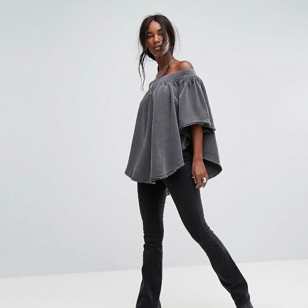 Free People Grey Oversized Off Shoulder Raw Edge Sweatshirt Top